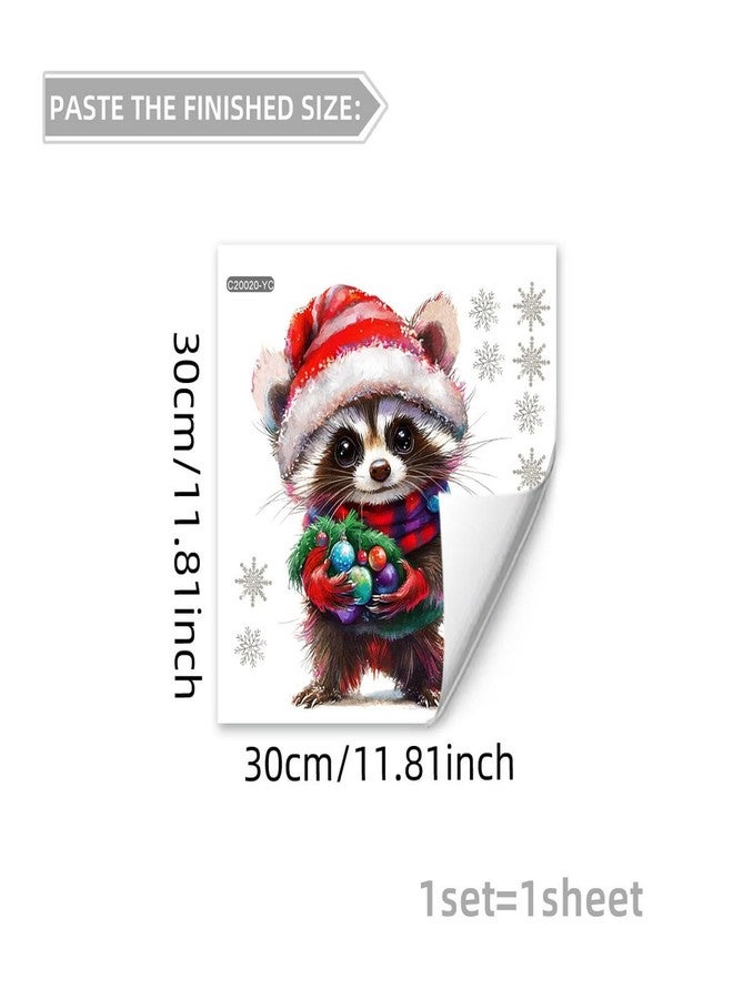 GRITOSE 1pcs Christmas Window Cling 11.8inch Christmas Hat Raccoon Designs Xmas Double-Sided Snowflake Windows Stickers Cute Cartoon Decals for Glassy Decor for Holiday Home Party Office Room Supplies - Image 2